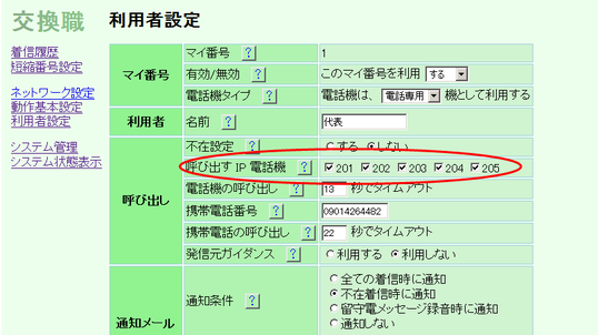 交換職には、外線番号に対応した5つの「マイ番号」毎に個別の設定画面があります。この設定画面で、201 から 205 までの内線番号のチェックボックスにチェックを入れると、外線番号に電話がかかってきたときに指定した内線電話機を鳴らす事ができます。